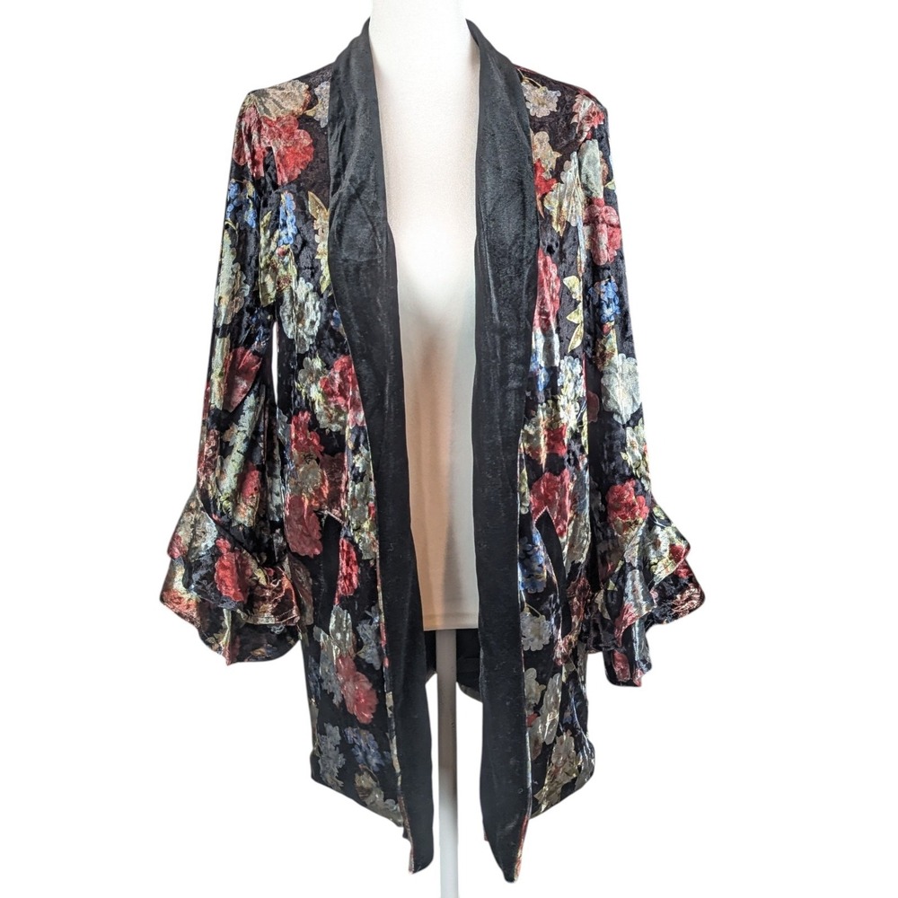 BCBGeneration Floral Velvet Open Cardigan Sz Medium Black Multicolored Boho